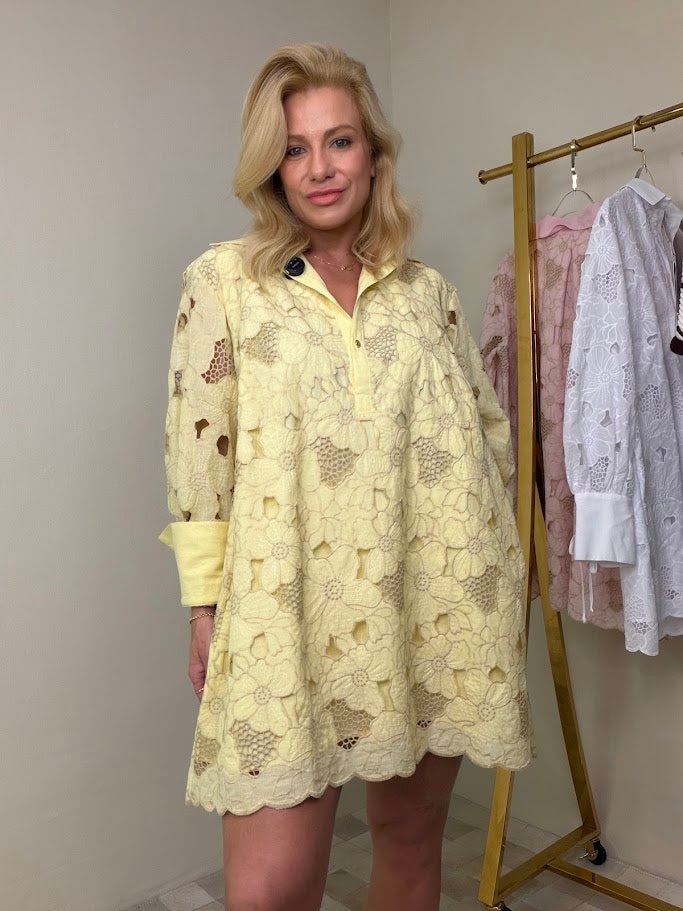 Vestido Lase Richelieu Bordado Amarelo